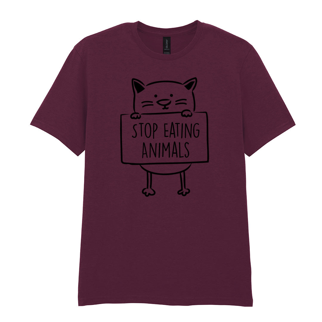 IPRINTOP Stop Eating Animals Graphic T-Shirt in Maroon - cat holding Stop Eating Animals sign