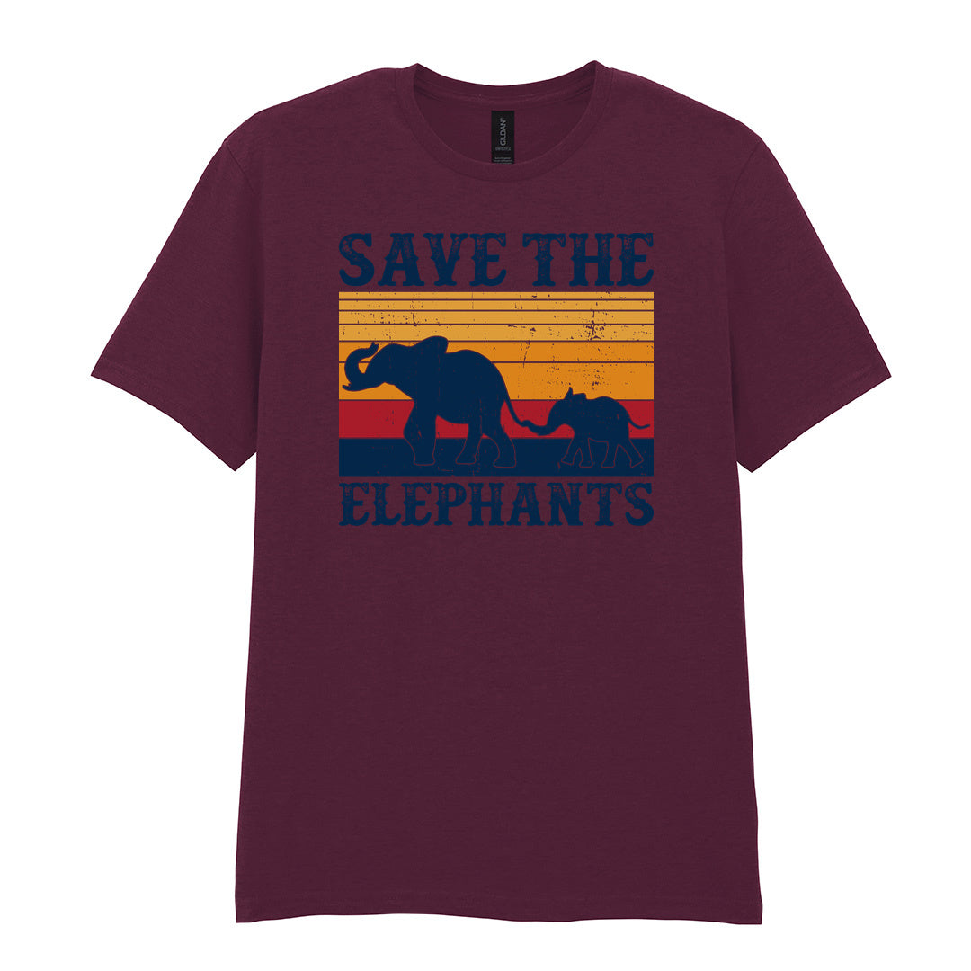 IPRINTOP Save The Elephants Graphic T-Shirt in Maroon - elephant silhouettes and sunset stripes
