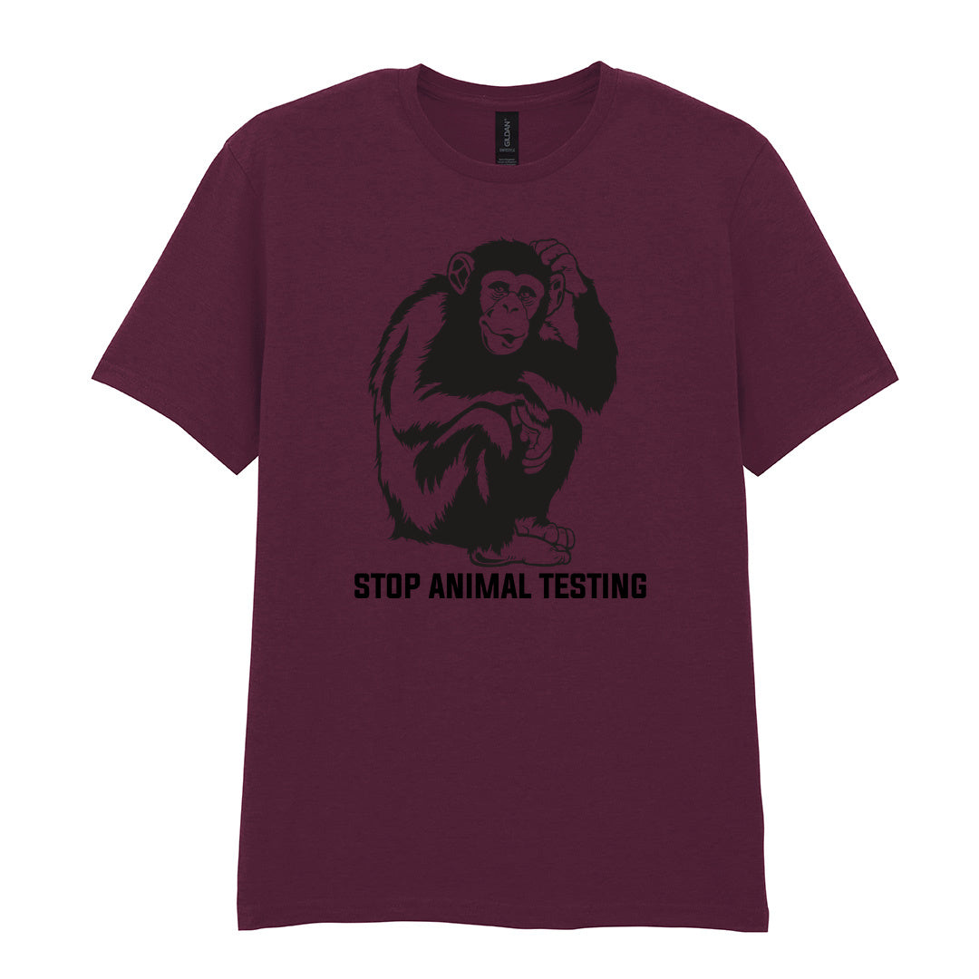 IPRINTOP Stop Animal Testing Graphic T-Shirt in Maroon - chimpanzee and Stop Animal Testing