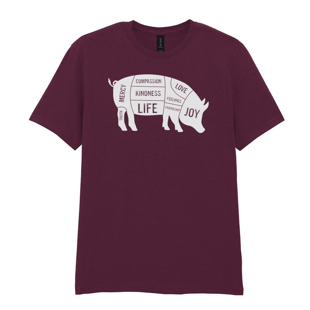 IPRINTOP Truth Mercy Compassion Kindness Life Love Feelings… Graphic T-Shirt in Maroon - pig silhouette filled with values