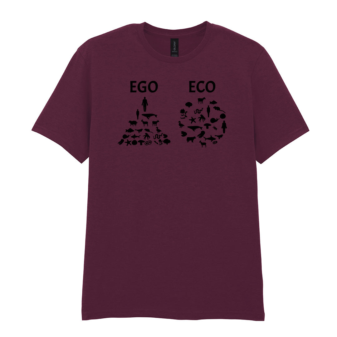 IPRINTOP Embrace Vegan Vibes Graphic T-Shirt in Maroon - Ego and Eco animal diagrams