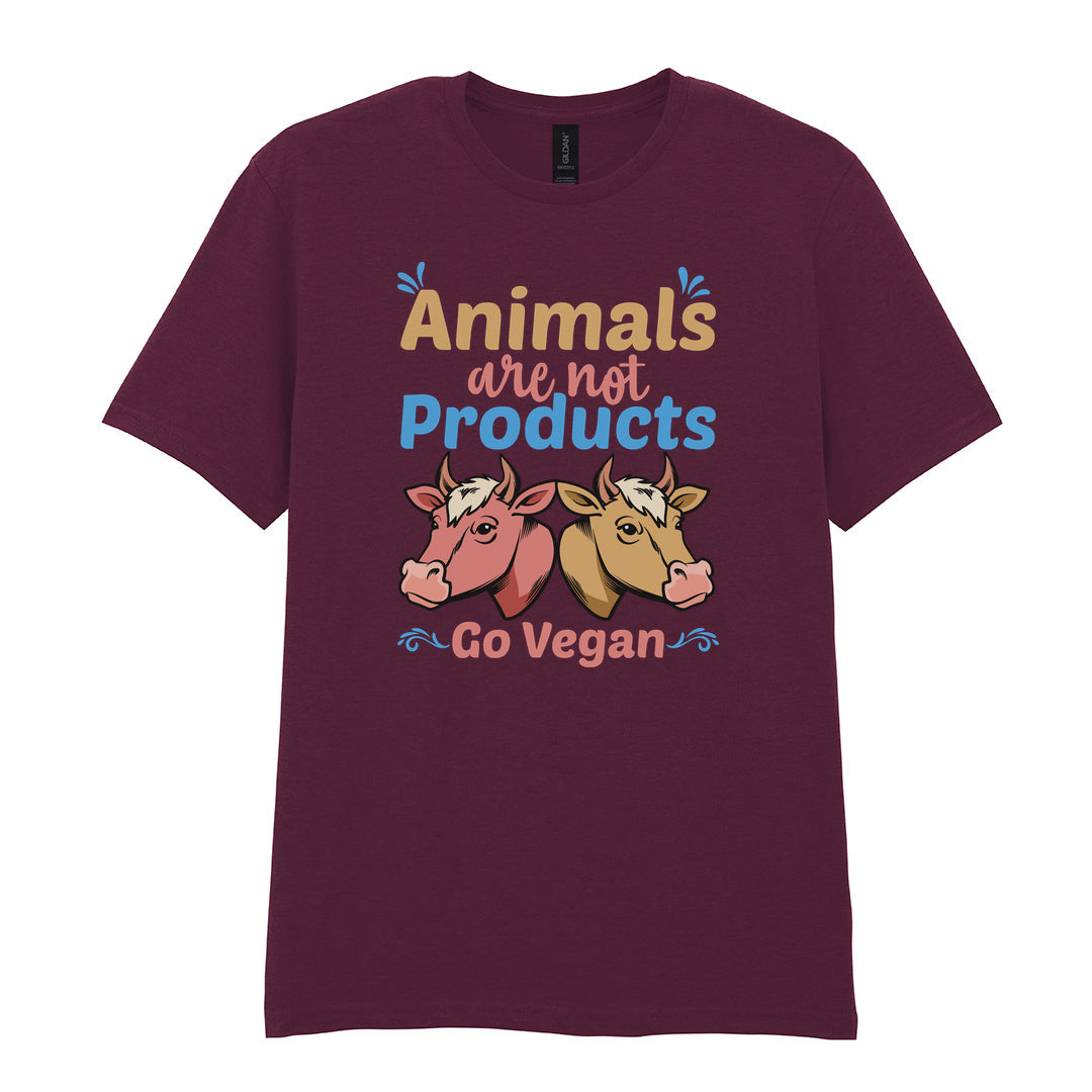 IPRINTOP Animals Are Not Products Go Vegan Graphic T-Shirt in Maroon - two cows and colourful lettering