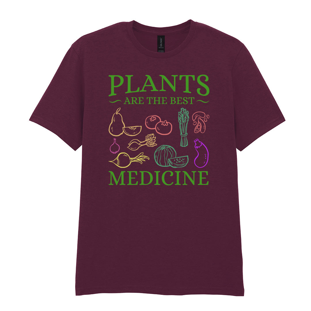 IPRINTOP Plants Are The Best Medicine Graphic T-Shirt in Maroon - colourful vegetables and plant slogan