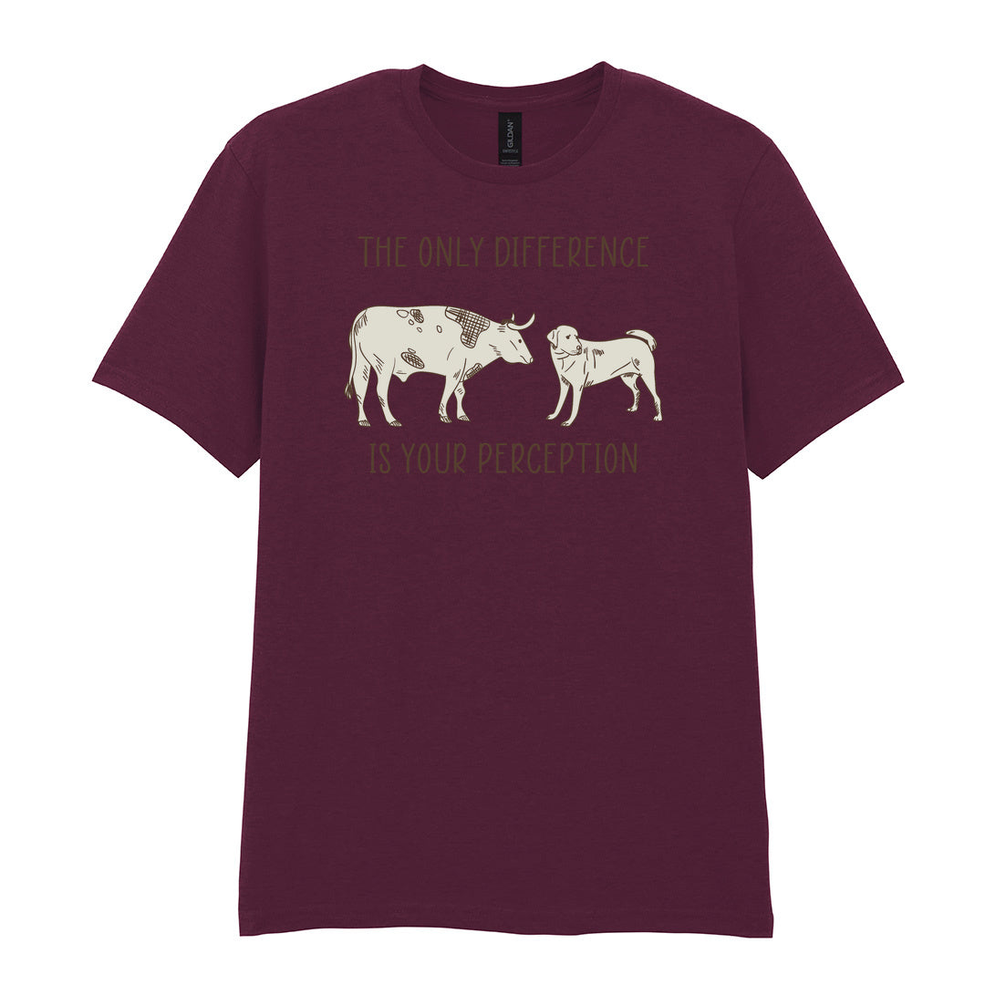 IPRINTOP The Only Difference Is Your Perception Graphic T-Shirt in Maroon - cow and dog comparison illustration