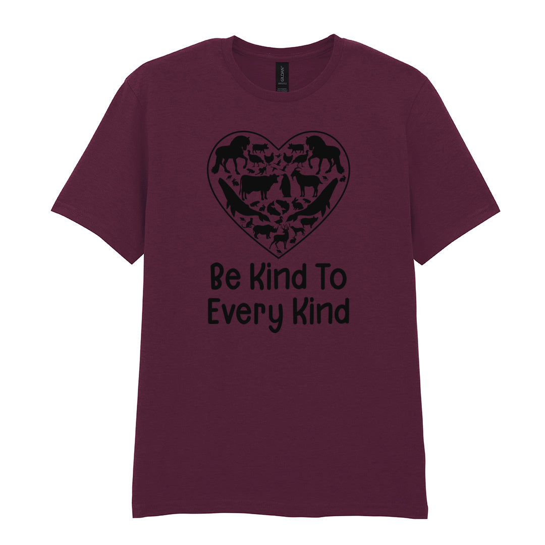 IPRINTOP Be Kind To Every Kind Graphic T-Shirt in Maroon - animal silhouettes in a heart