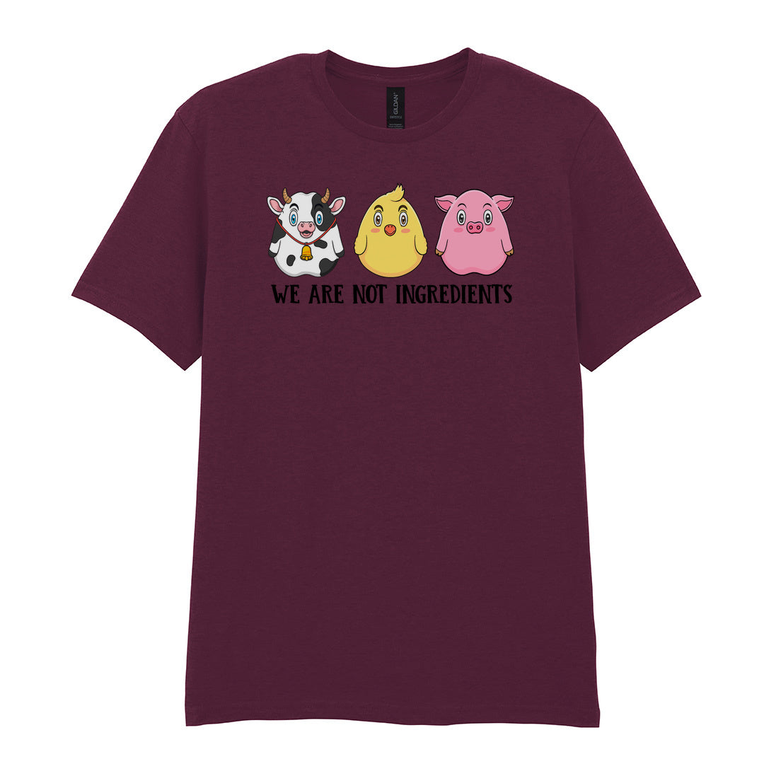 IPRINTOP We Are Not Ingredients Graphic T-Shirt in Maroon - cartoon cow, chick and pig