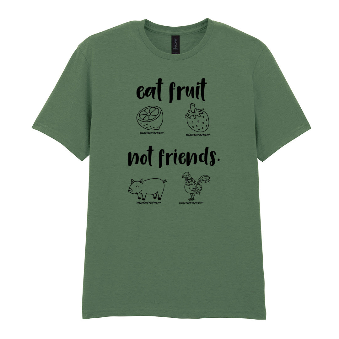 IPRINTOP Eat Fruit Not Friends Graphic T-Shirt in Military Green - fruit, pig and chicken illustrations