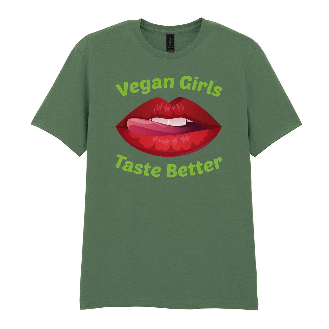 IPRINTOP Vegan Girls Taste Better Graphic T-Shirt in Military Green - red lips and green lettering