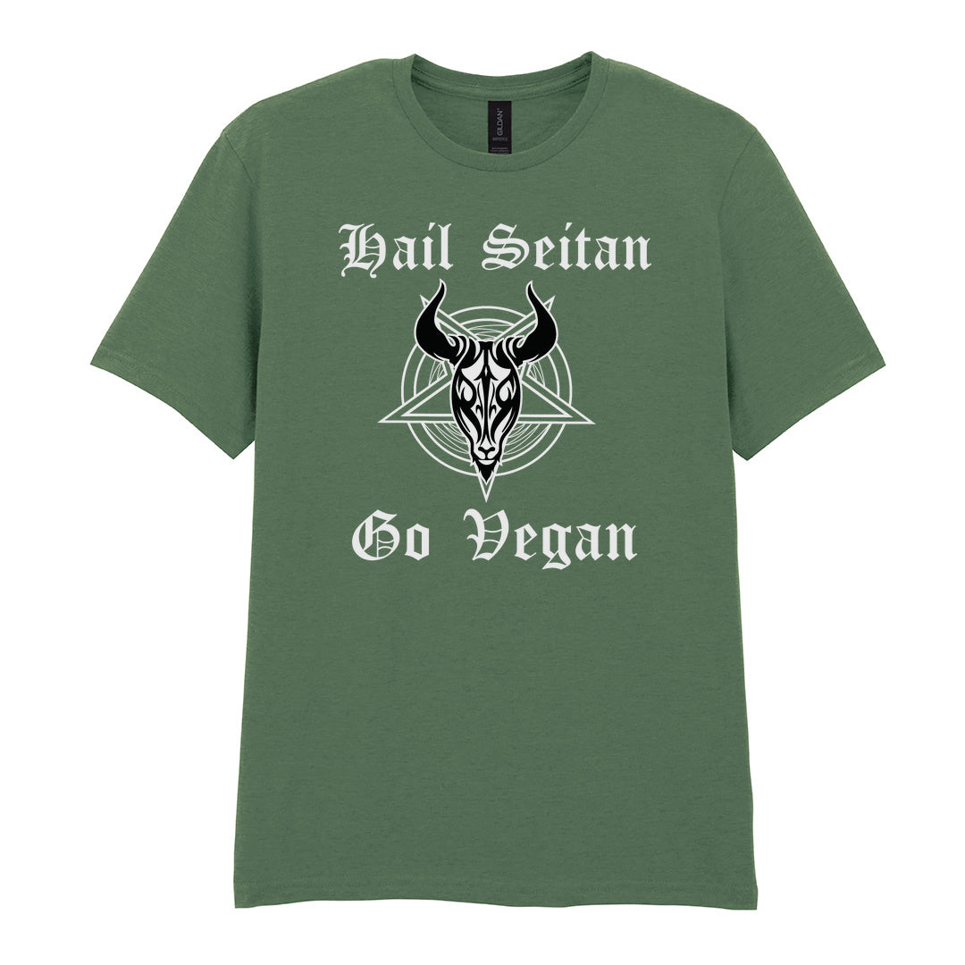 IPRINTOP Hail Seitan Go Vegan Graphic T-Shirt in Military Green - goat illustration and Hail Seitan