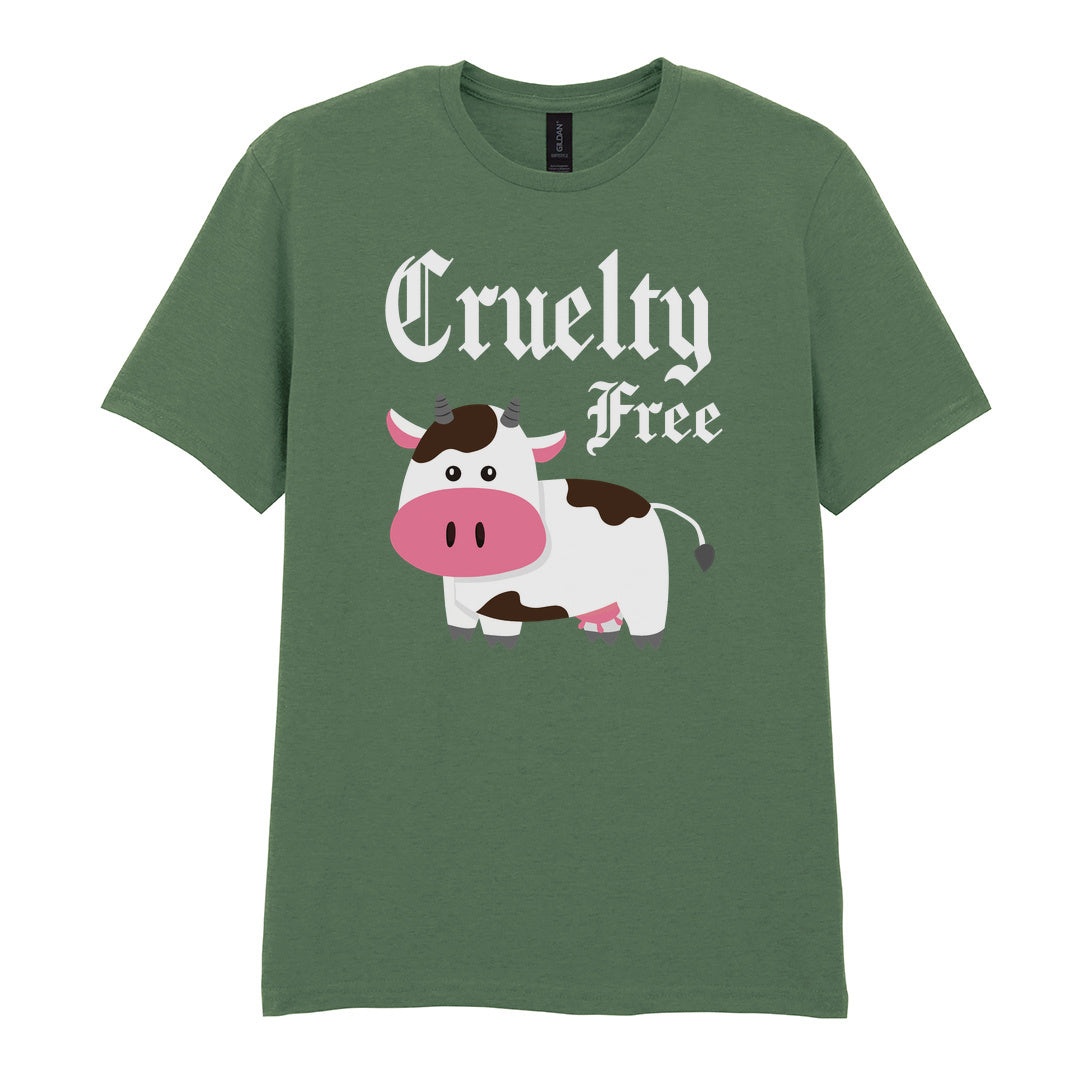 IPRINTOP Cruelty-Free Graphic T-Shirt in Military Green - cartoon cow and Cruelty Free lettering