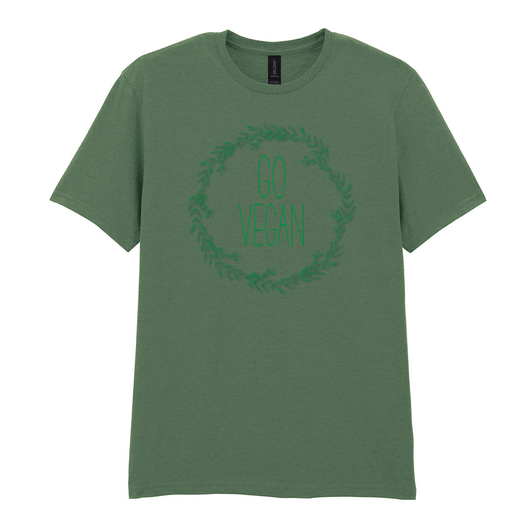 IPRINTOP Go Vegan Graphic T-Shirt in Military Green - Go Vegan lettering in a leafy wreath