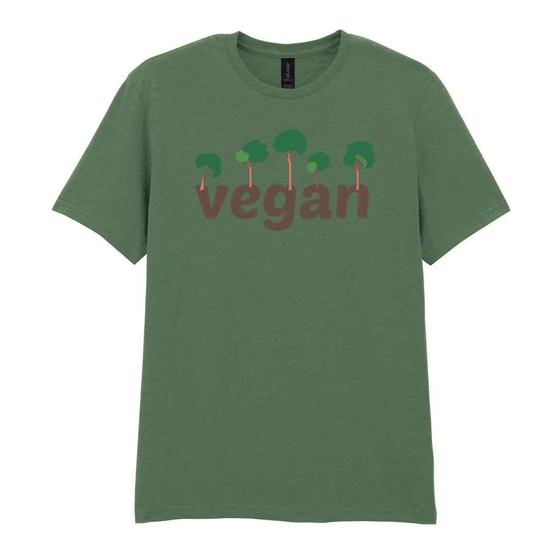 IPRINTOP Embrace Vegan Vibes Graphic T-Shirt in Military Green - Vegan wordmark with trees