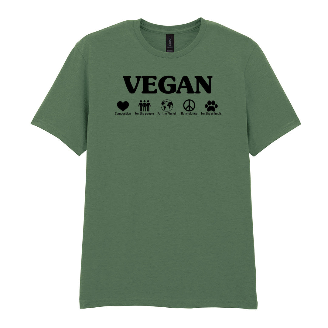 IPRINTOP Nonviolence for Animals People and Planet Graphic T-Shirt in Military Green - Vegan lettering and lifestyle icons