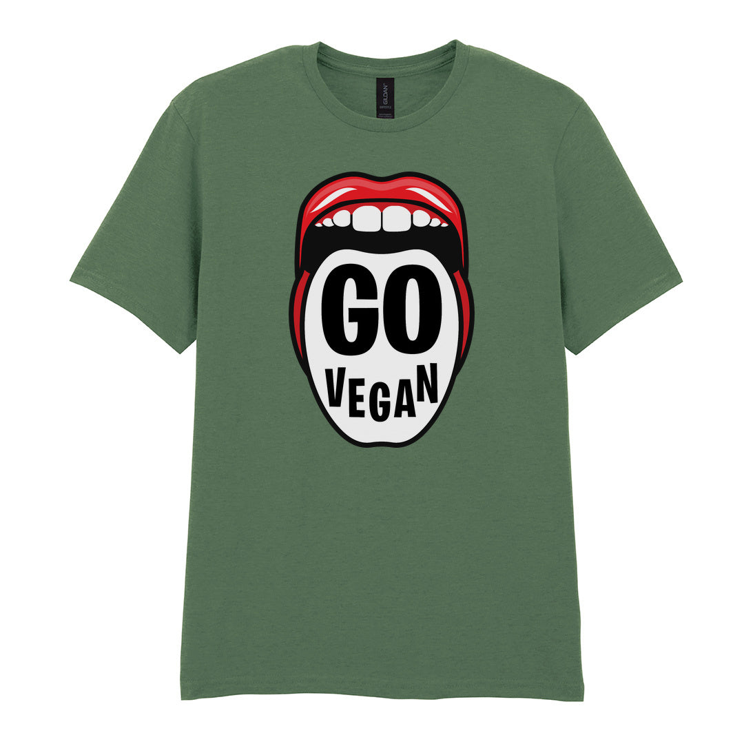 IPRINTOP Go Vegan Graphic T-Shirt in Military Green - Go Vegan lettering inside red lips