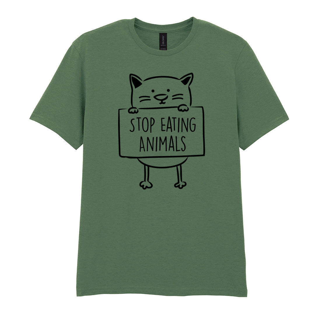 IPRINTOP Stop Eating Animals Graphic T-Shirt in Military Green - cat holding Stop Eating Animals sign