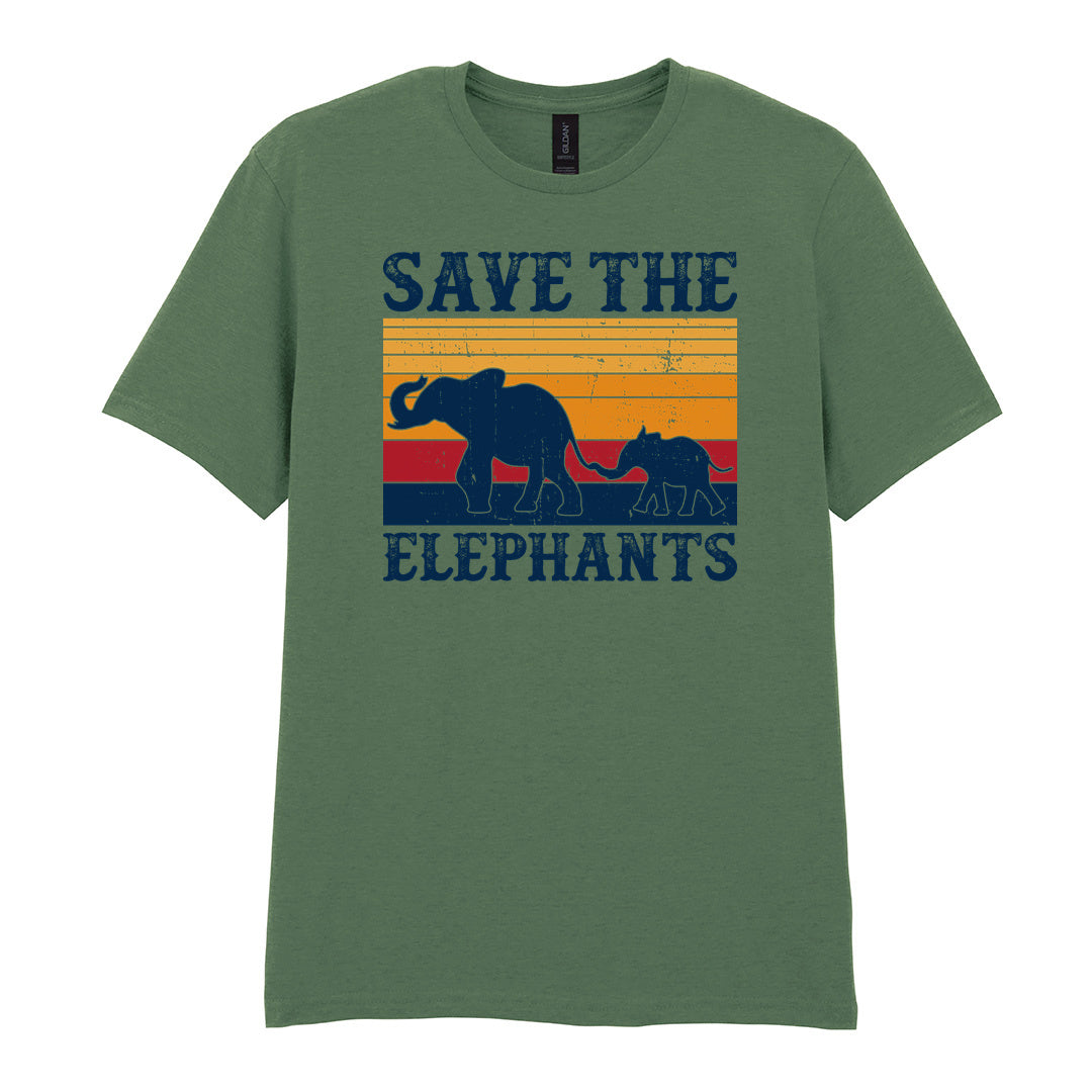 IPRINTOP Save The Elephants Graphic T-Shirt in Military Green - elephant silhouettes and sunset stripes