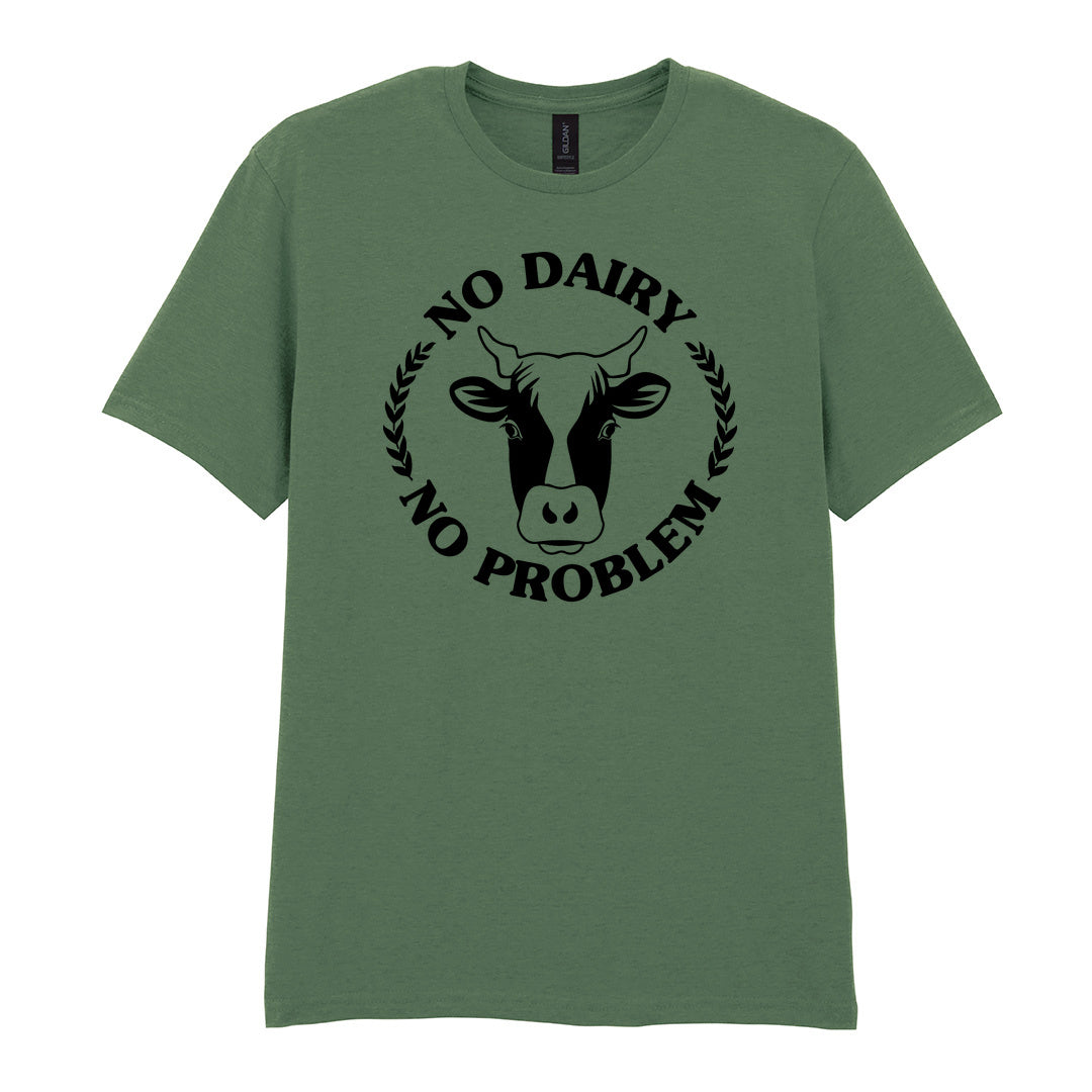 IPRINTOP No Dairy No Problem Graphic T-Shirt in Military Green - cow face and No Dairy No Problem