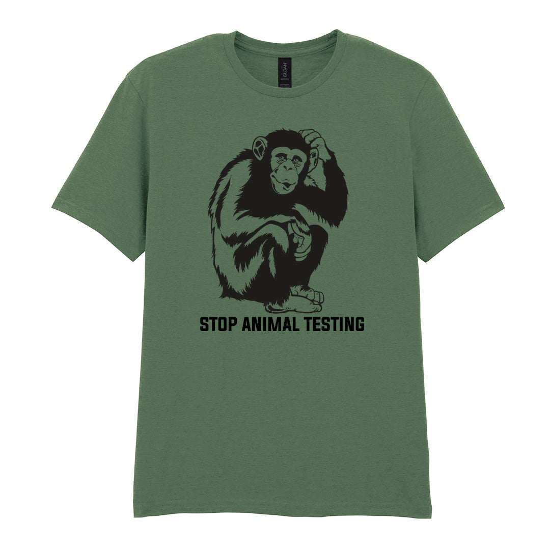 IPRINTOP Stop Animal Testing Graphic T-Shirt in Military Green - chimpanzee and Stop Animal Testing