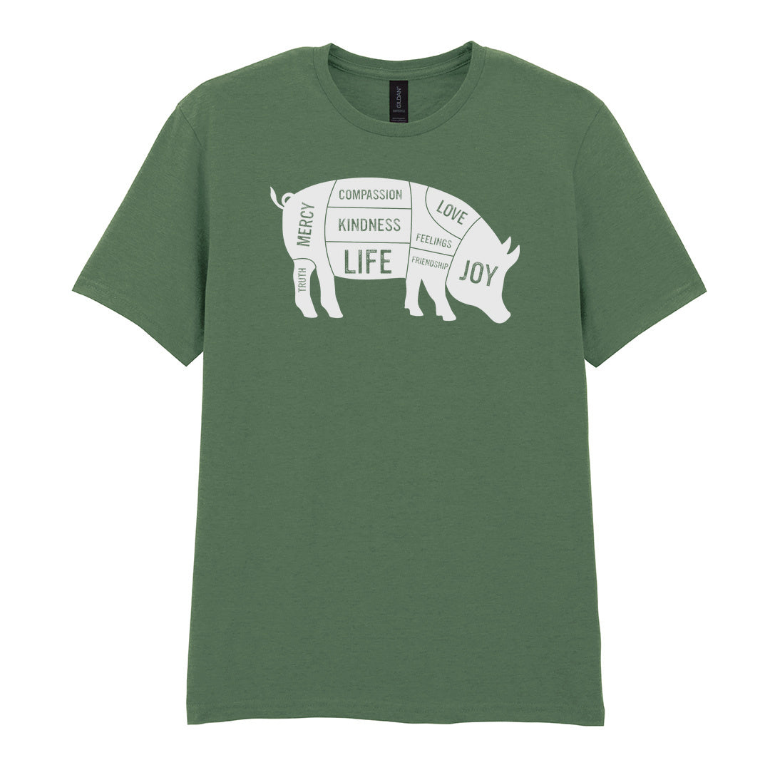 IPRINTOP Truth Mercy Compassion Kindness Life Love… Graphic T-Shirt in Military Green - pig silhouette filled with values