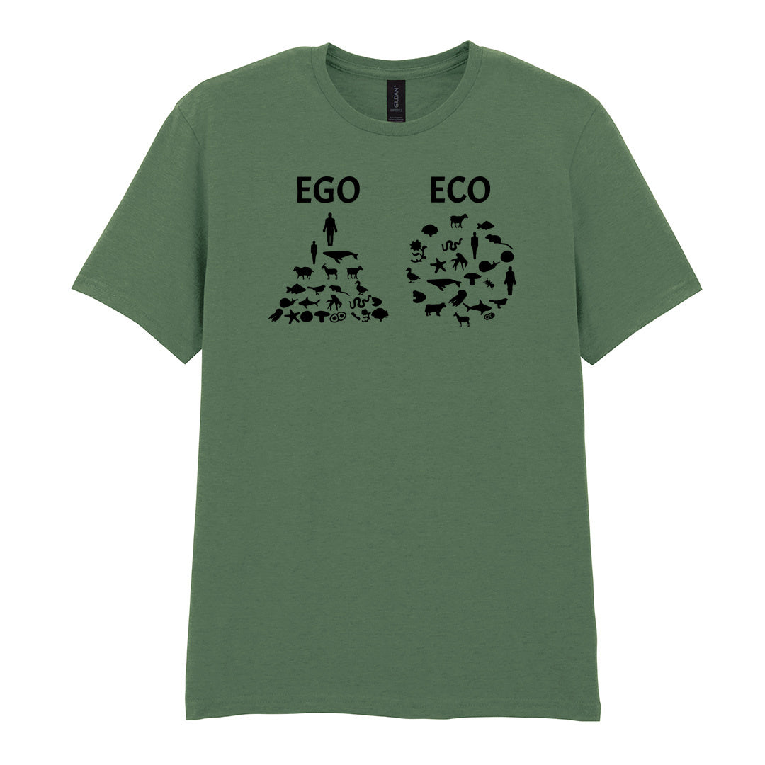 IPRINTOP Embrace Vegan Vibes Graphic T-Shirt in Military Green - Ego and Eco animal diagrams