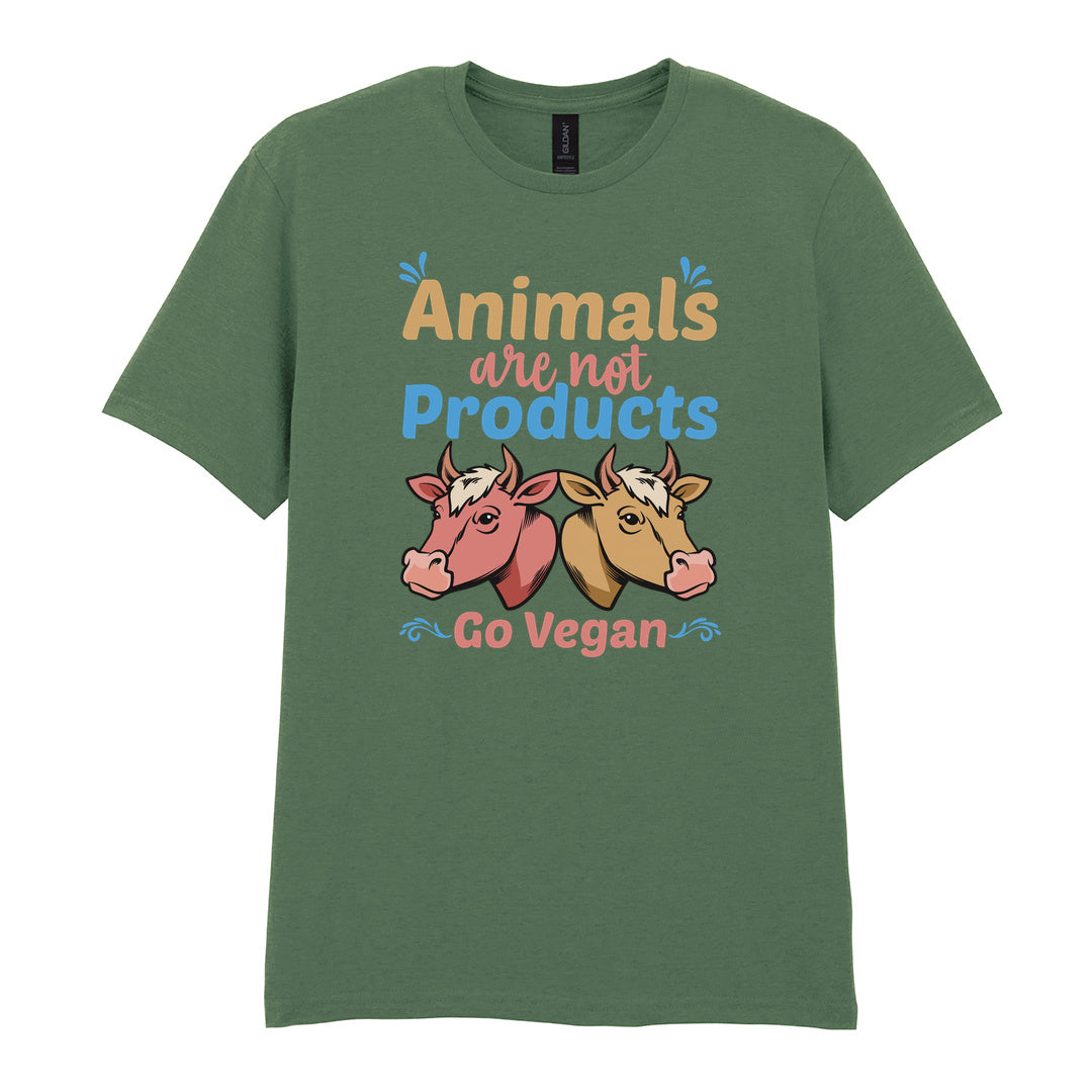 IPRINTOP Animals Are Not Products Go Vegan Graphic T-Shirt in Military Green - two cows and colourful lettering