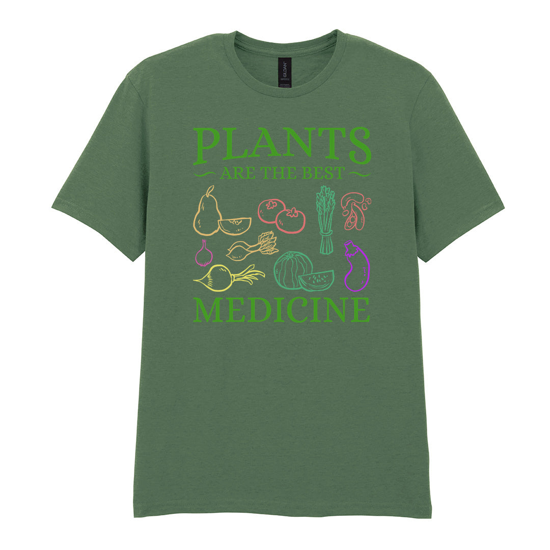 IPRINTOP Plants Are The Best Medicine Graphic T-Shirt in Military Green - colourful vegetables and plant slogan