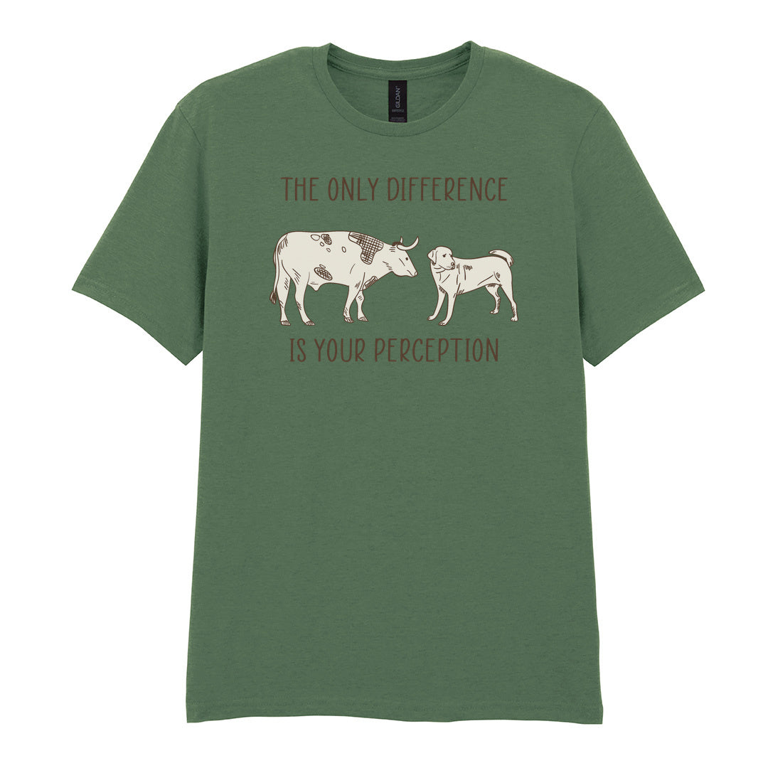 IPRINTOP The Only Difference Is Your Perception Graphic T-Shirt in Military Green - cow and dog comparison illustration