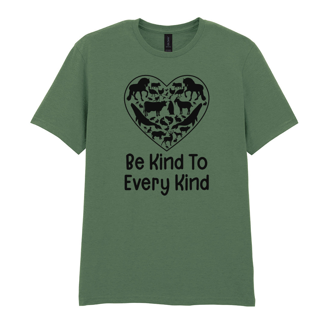 IPRINTOP Be Kind To Every Kind Graphic T-Shirt in Military Green - animal silhouettes in a heart