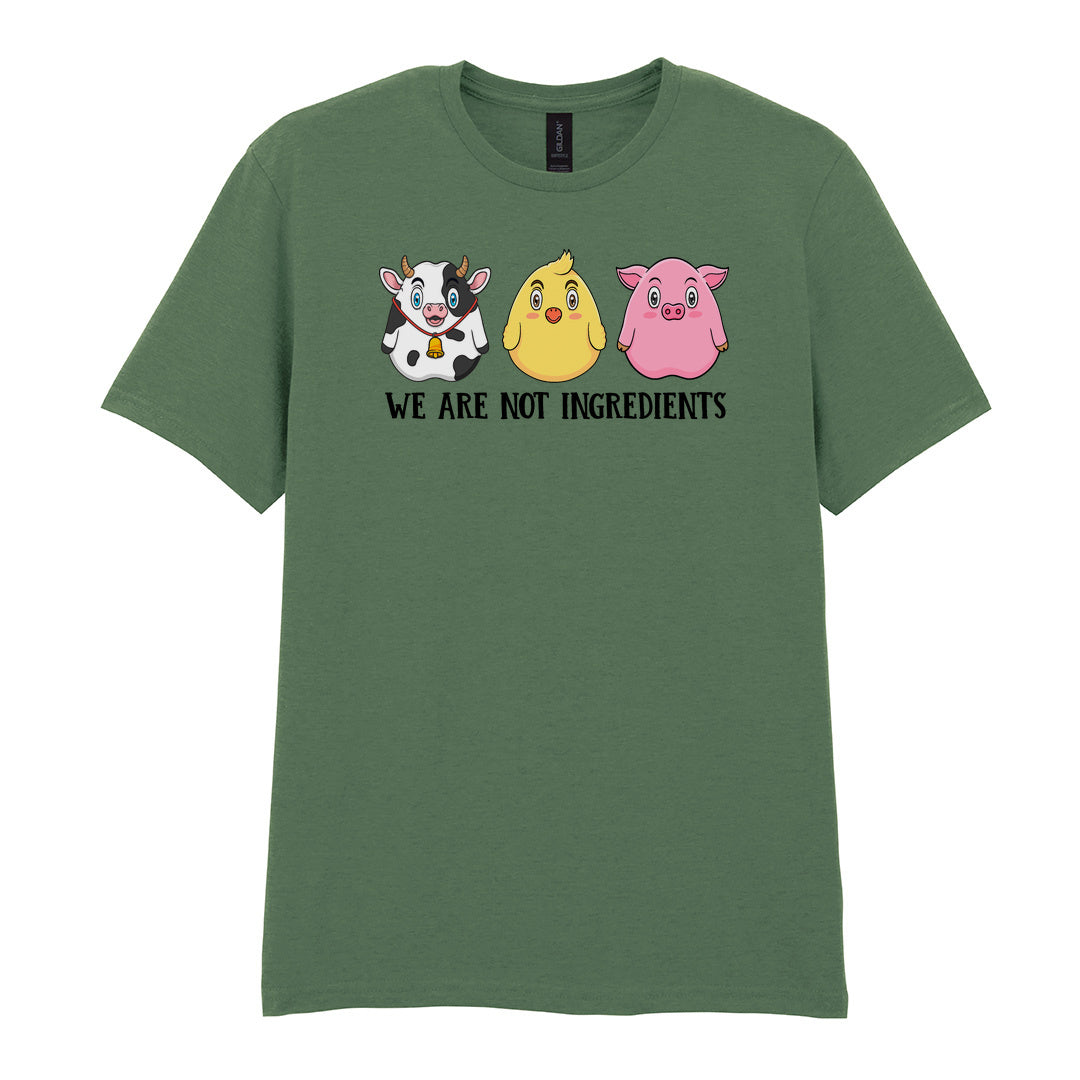 IPRINTOP We Are Not Ingredients Graphic T-Shirt in Military Green - cartoon cow, chick and pig