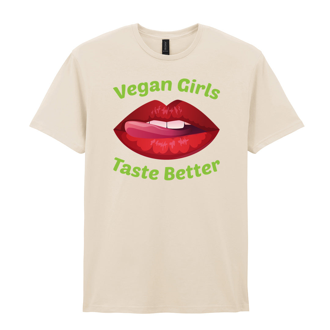 IPRINTOP Vegan Girls Taste Better Graphic T-Shirt in Natural - red lips and green lettering
