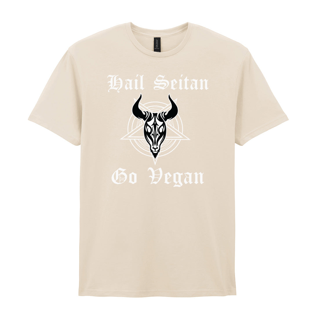 IPRINTOP Hail Seitan Go Vegan Graphic T-Shirt in Natural - goat illustration and Hail Seitan