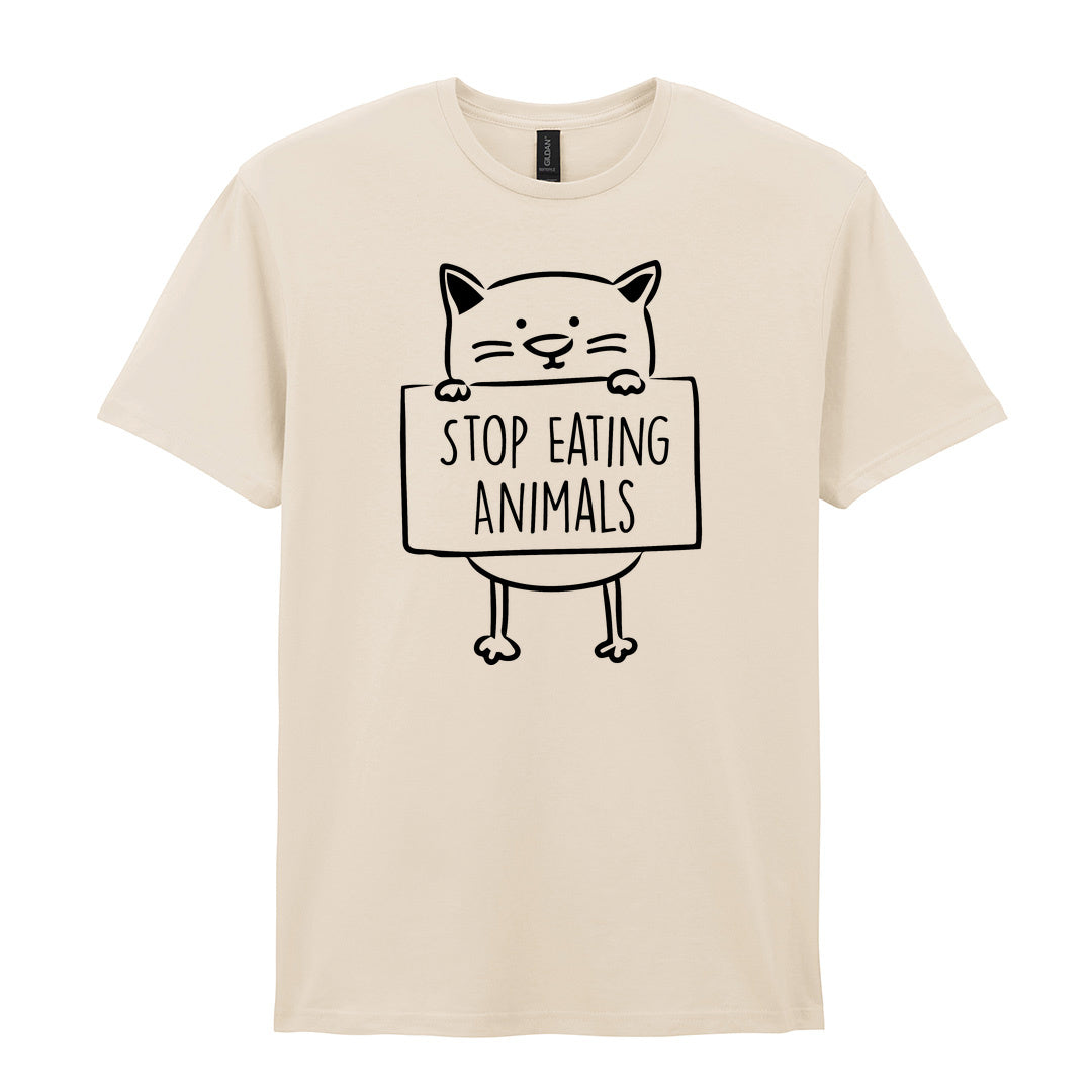 IPRINTOP Stop Eating Animals Graphic T-Shirt in Natural - cat holding Stop Eating Animals sign