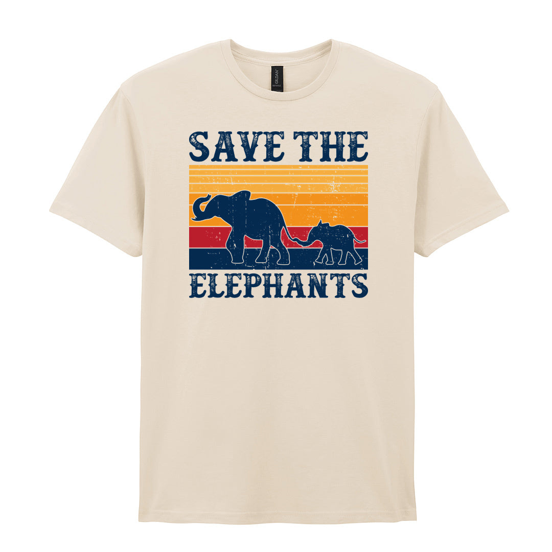 IPRINTOP Save The Elephants Graphic T-Shirt in Natural - elephant silhouettes and sunset stripes