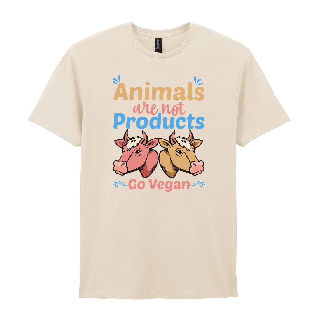 IPRINTOP Animals Are Not Products Go Vegan Graphic T-Shirt in Natural - two cows and colourful lettering