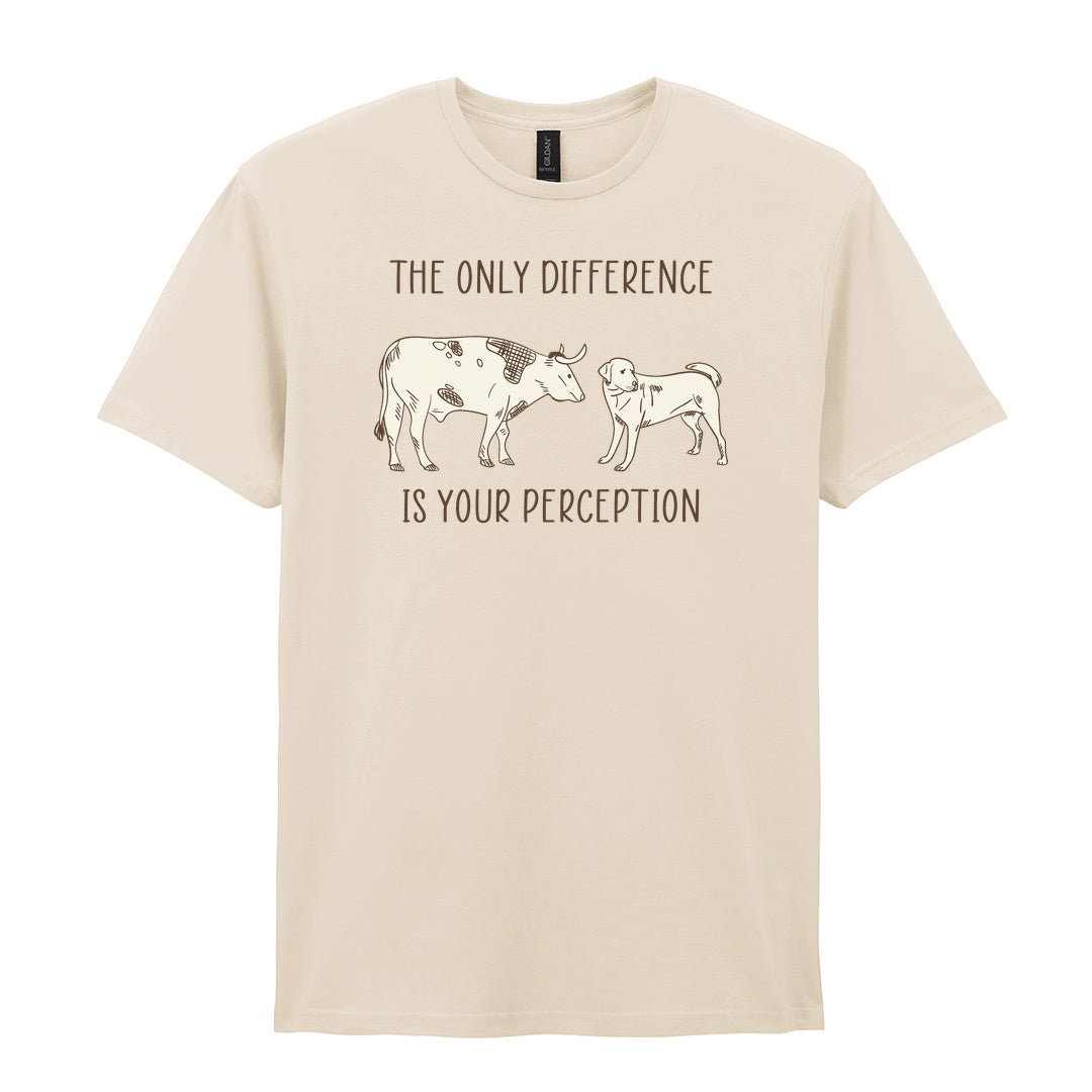 IPRINTOP The Only Difference Is Your Perception Graphic T-Shirt in Natural - cow and dog comparison illustration