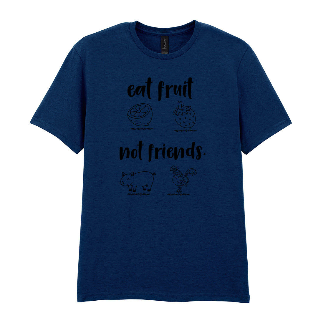IPRINTOP Eat Fruit Not Friends Graphic T-Shirt in Navy - fruit, pig and chicken illustrations