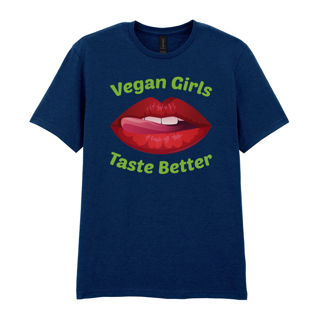 IPRINTOP Vegan Girls Taste Better Graphic T-Shirt in Navy - red lips and green lettering