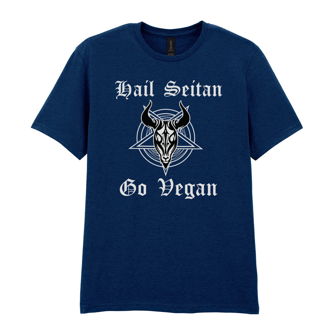 IPRINTOP Hail Seitan Go Vegan Graphic T-Shirt in Navy - goat illustration and Hail Seitan