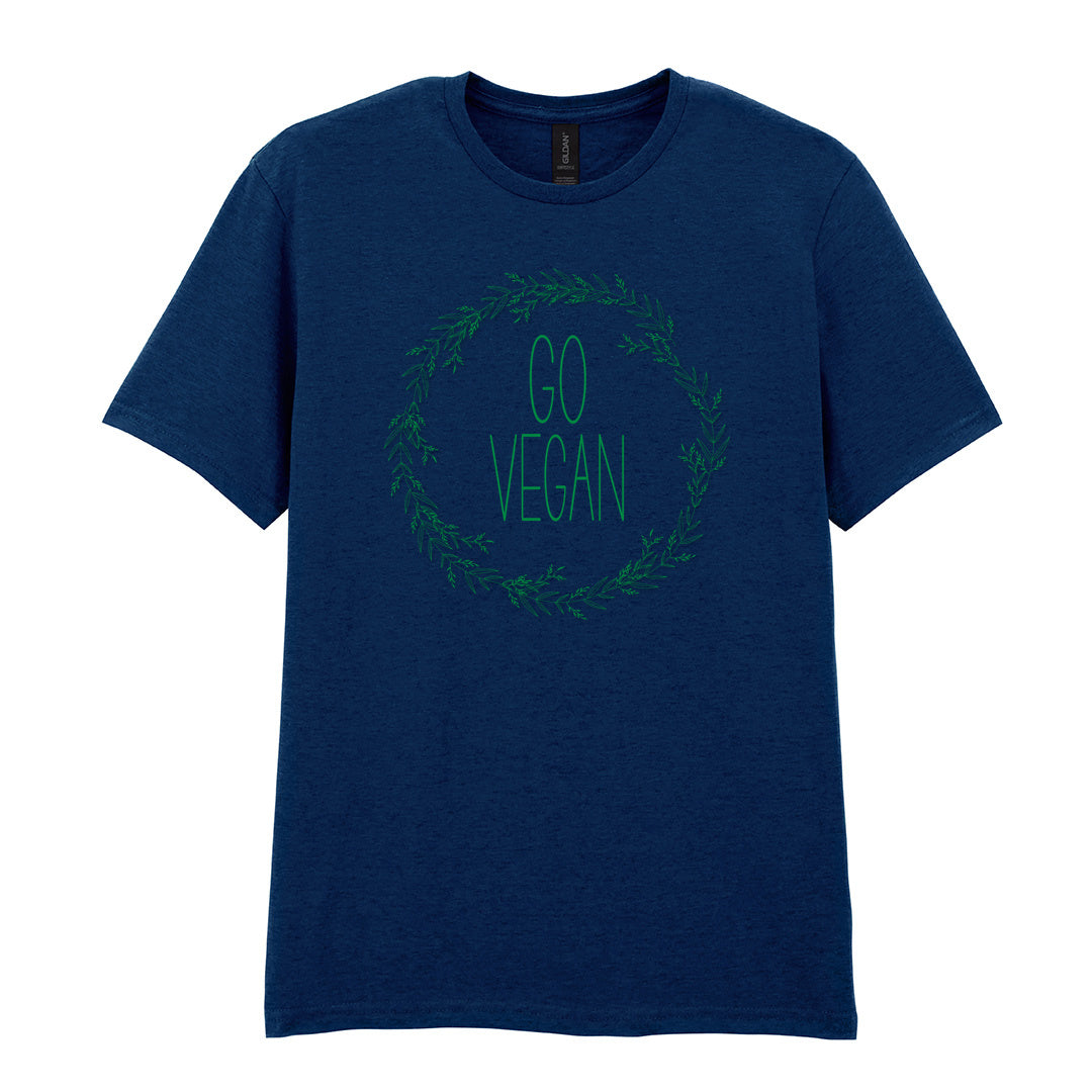 IPRINTOP Go Vegan Graphic T-Shirt in Navy - Go Vegan lettering in a leafy wreath