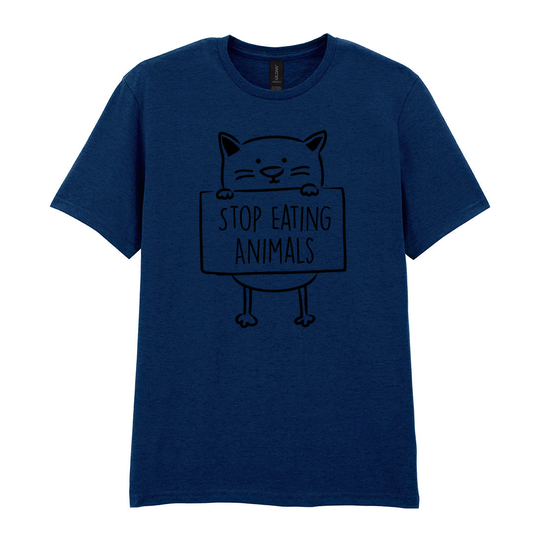 IPRINTOP Stop Eating Animals Graphic T-Shirt in Navy - cat holding Stop Eating Animals sign