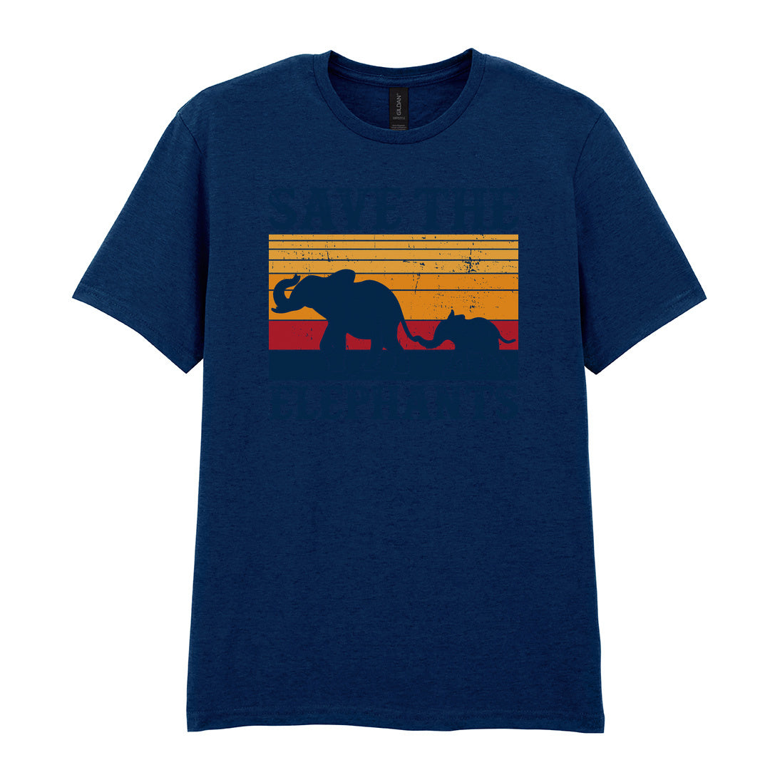 IPRINTOP Save The Elephants Graphic T-Shirt in Navy - elephant silhouettes and sunset stripes