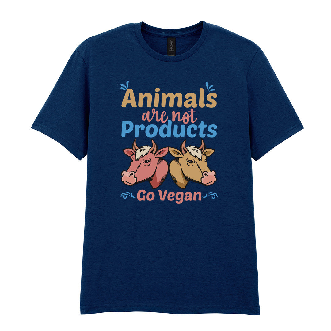 IPRINTOP Animals Are Not Products Go Vegan Graphic T-Shirt in Navy - two cows and colourful lettering