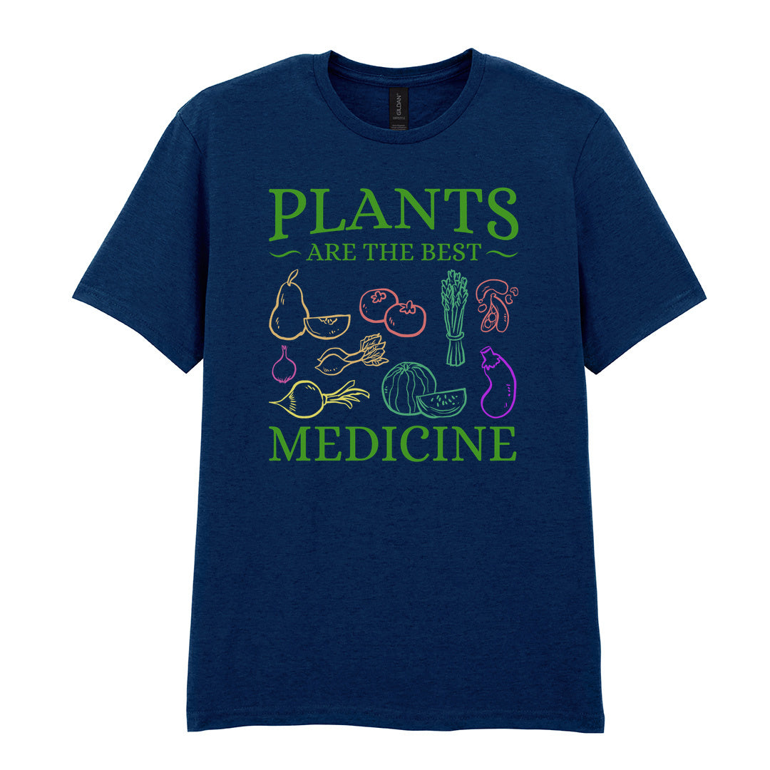 IPRINTOP Plants Are The Best Medicine Graphic T-Shirt in Navy - colourful vegetables and plant slogan