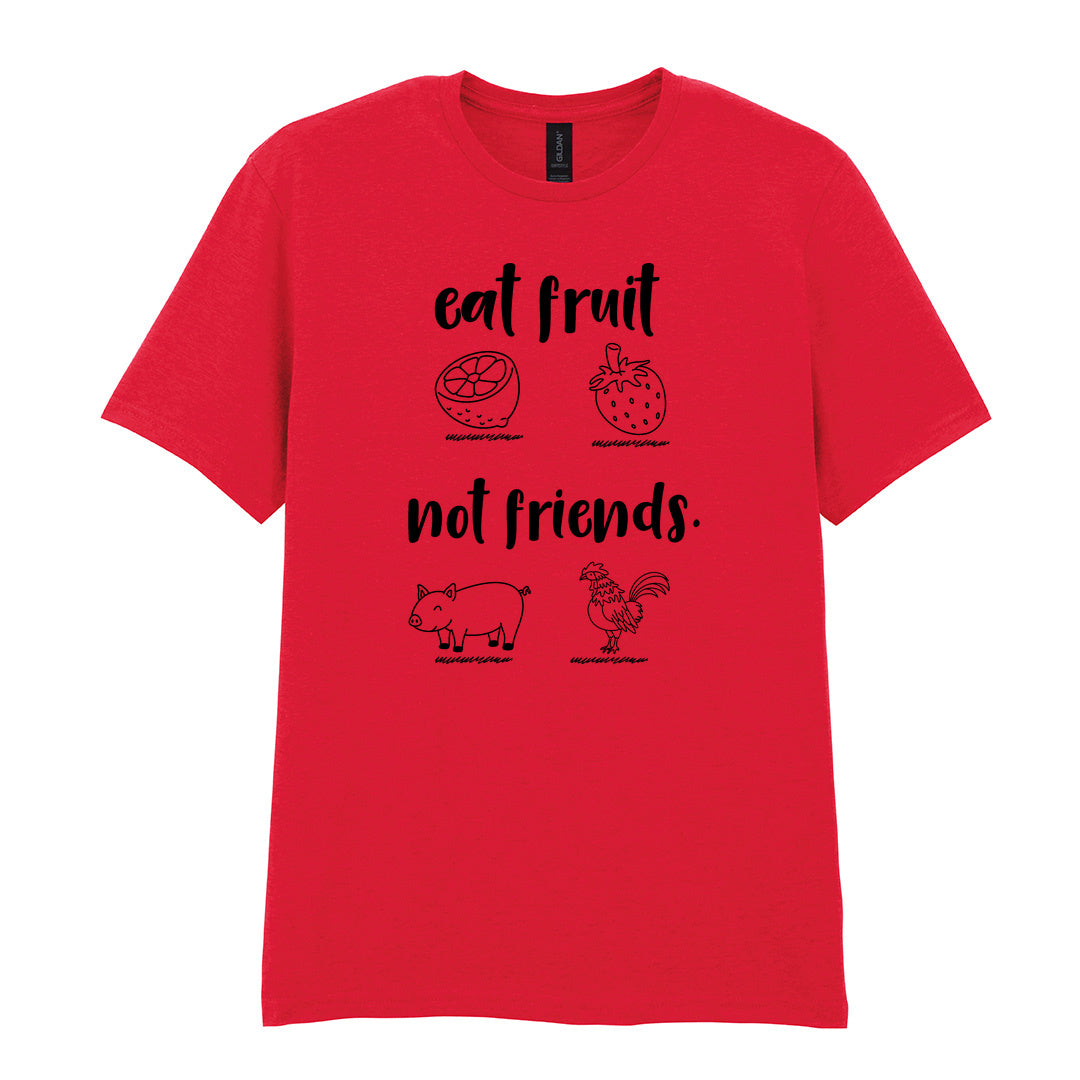 IPRINTOP Eat Fruit Not Friends Graphic T-Shirt in Red - fruit, pig and chicken illustrations