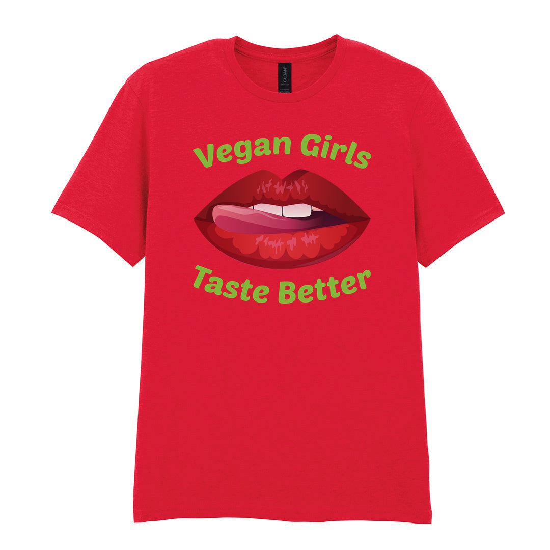 IPRINTOP Vegan Girls Taste Better Graphic T-Shirt in Red - red lips and green lettering