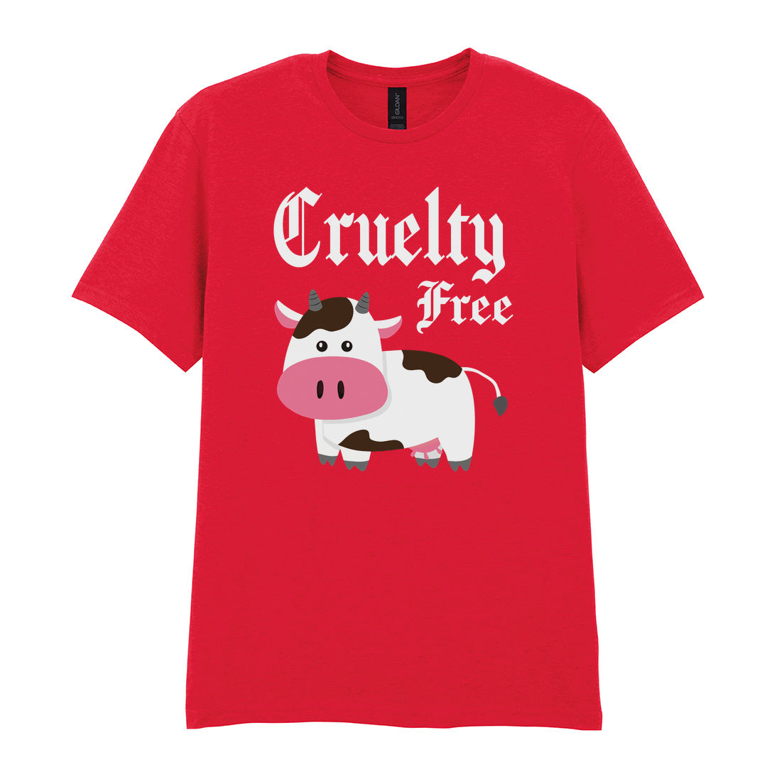 IPRINTOP Cruelty-Free Graphic T-Shirt in Red - cartoon cow and Cruelty Free lettering