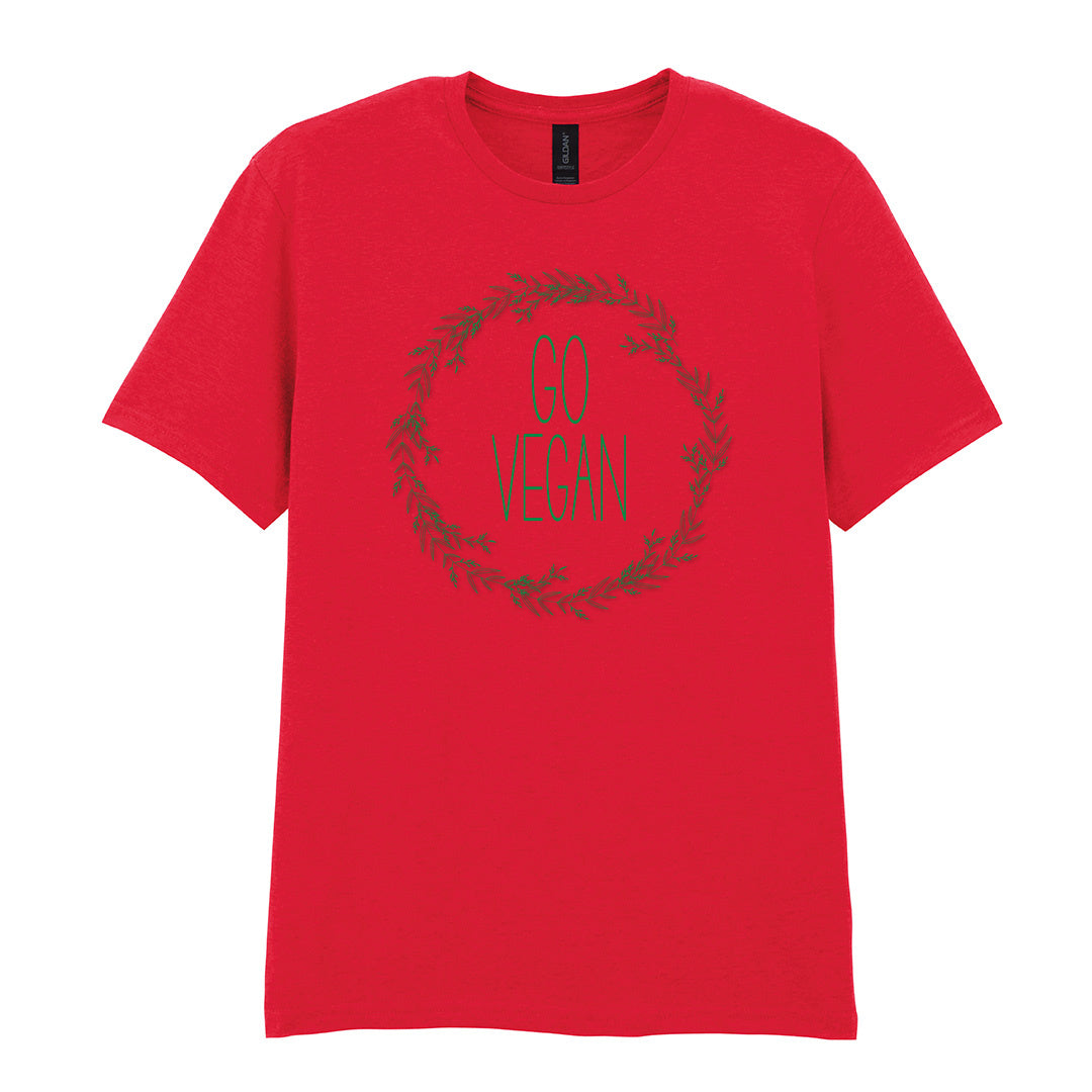 IPRINTOP Go Vegan Graphic T-Shirt in Red - Go Vegan lettering in a leafy wreath