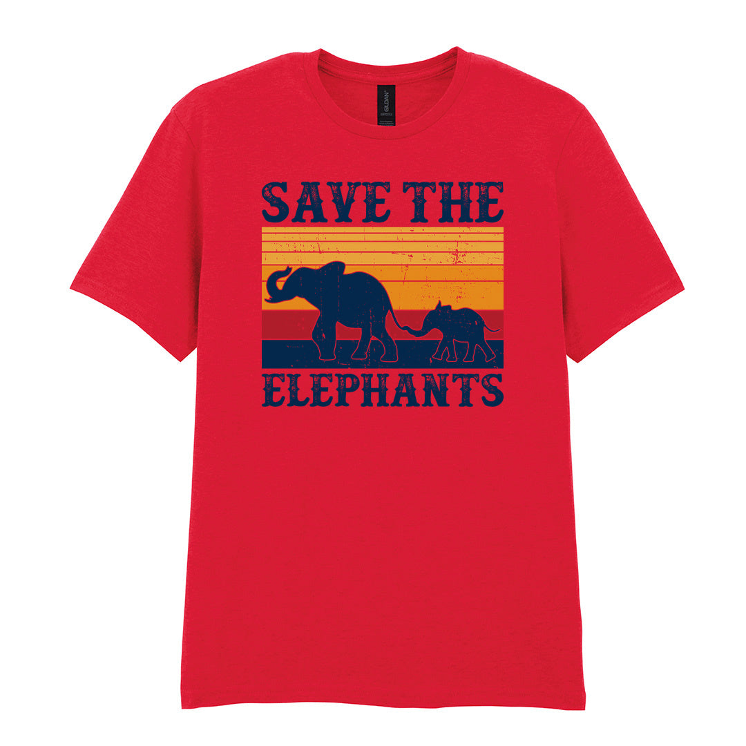 IPRINTOP Save The Elephants Graphic T-Shirt in Red - elephant silhouettes and sunset stripes