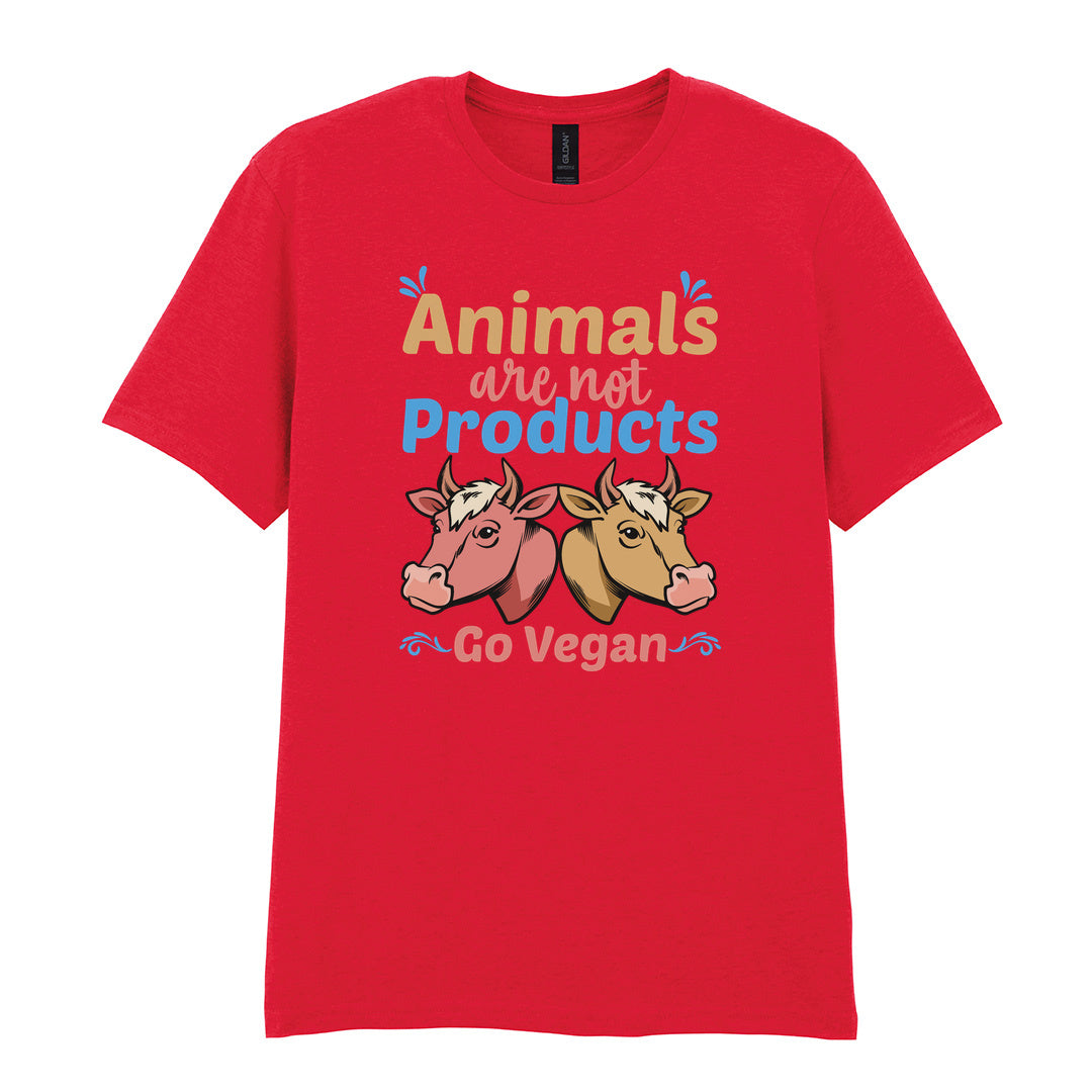 IPRINTOP Animals Are Not Products Go Vegan Graphic T-Shirt in Red - two cows and colourful lettering