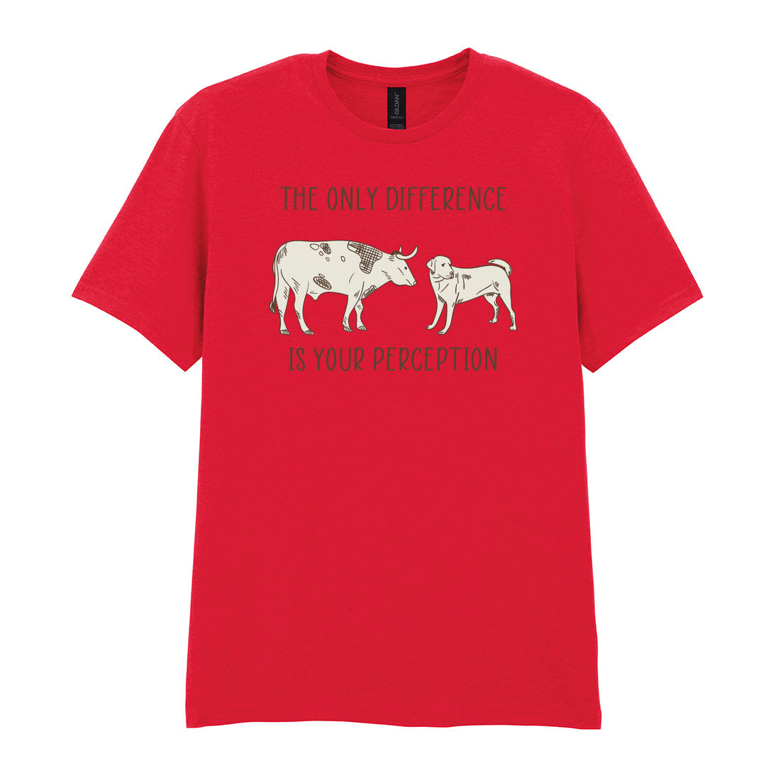 IPRINTOP The Only Difference Is Your Perception Graphic T-Shirt in Red - cow and dog comparison illustration
